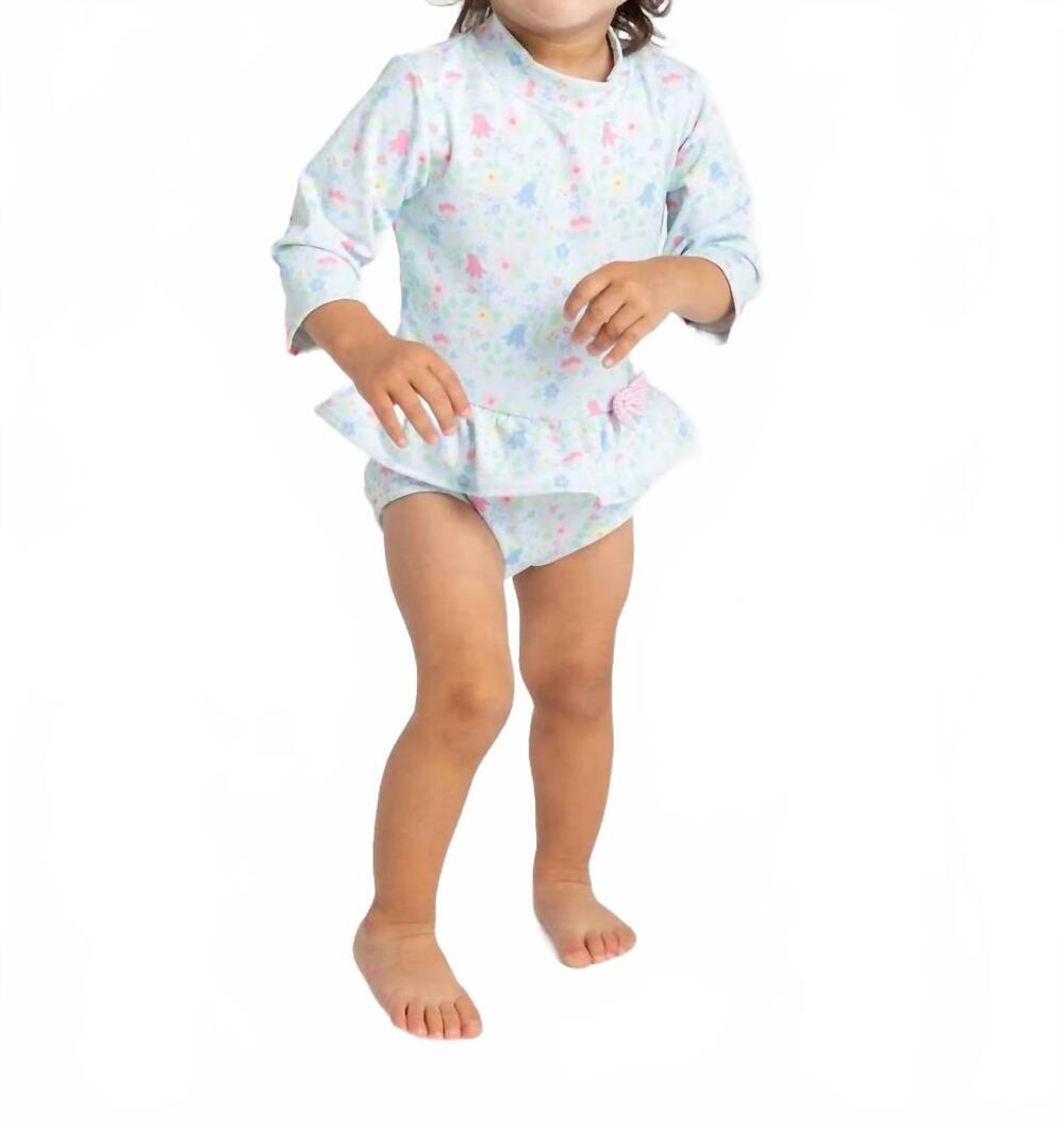 NEW FLORENCE EISEMAN girls floral print one piece rashguard suit with ruffle in